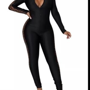 Geo Print Sheer Side Trim Dark Gray Skinny Jumpsuit NWT